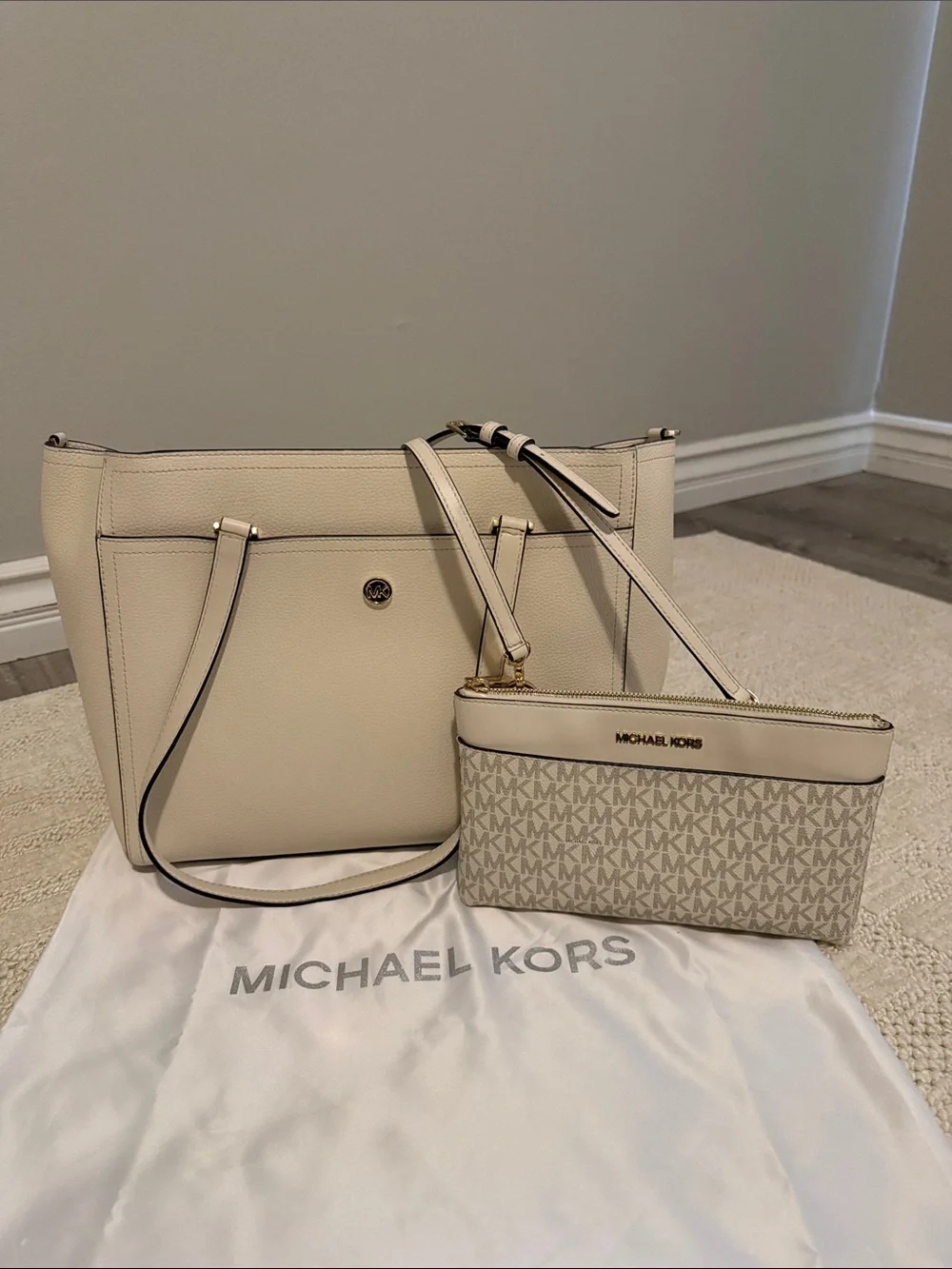 Michael Kors Ivory Pebbled Leather Tote with Crossbody Strap